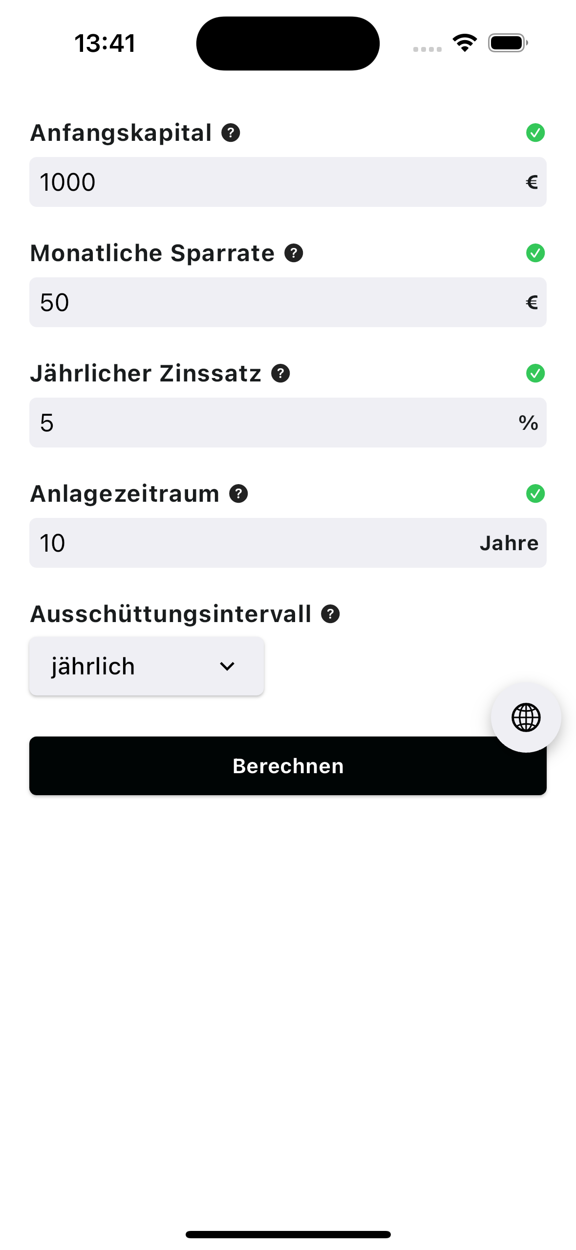 Hauptansicht der App auf Deutsch